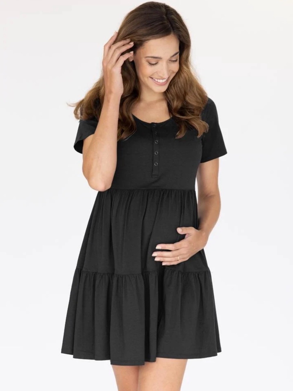 Angel - Tiered Mini Black Maternity Dress - Short Sleeve